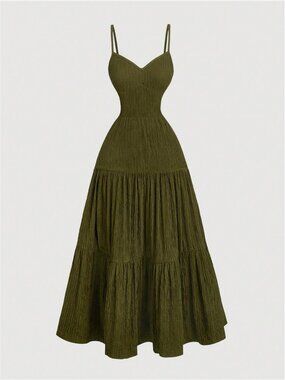 Olive Green Spaghetti Strap Tiered Ruffle Waist Dress,
